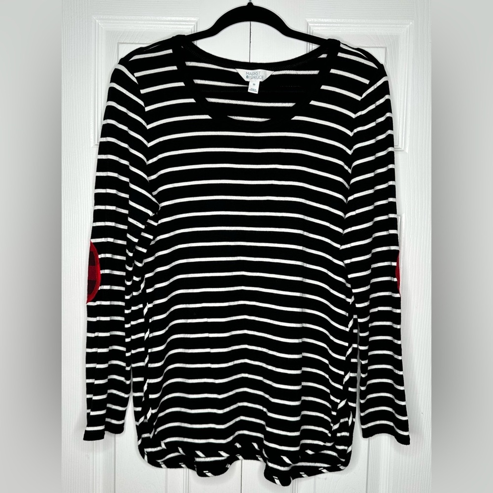 Market & Spruce B&W Striped Long Sleeve Tee w/ buffalo plaid elbow patches